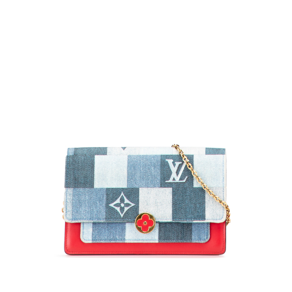 Pre-Loved Louis Vuitton Monogram Denim Patchwork Fiore Chain Wallet - Picture 1 of 10